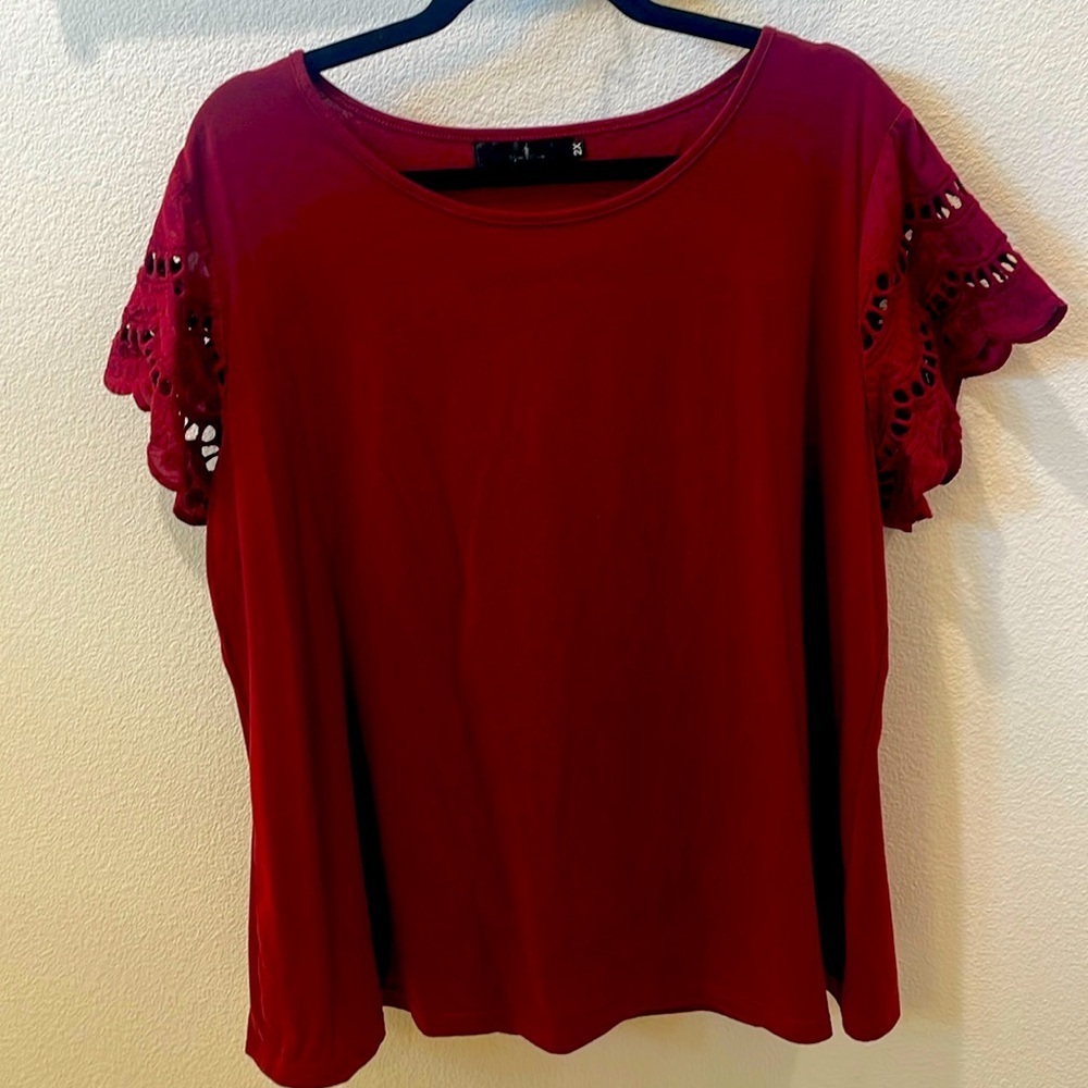 Women's Maroon embroidered Flutter Sleeve Blouse Plus size 2X - Picture 7 of 10